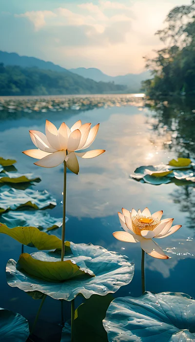 湖畔荷花全景风光图