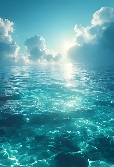 天蓝色水面漂浮云朵浅海蓝宝石风格