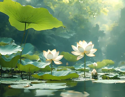 清晨水墨荷叶全景
