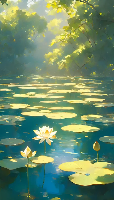 莫奈风格阳光下池塘荷花光影变化油画