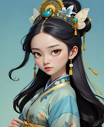 清朝卡通黑发女孩水墨画 