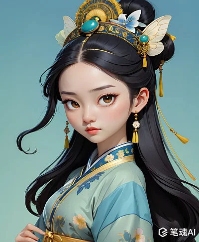 清朝卡通黑发女孩水墨画