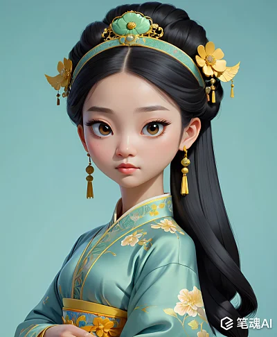 清朝风格黑发女孩卡通工笔画