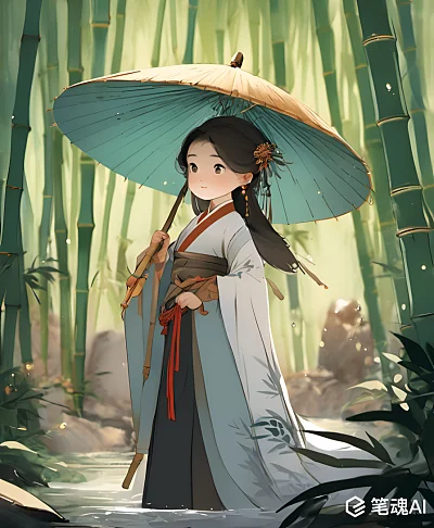 国风水墨古装女孩竹林撑伞