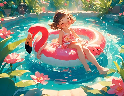 粉色火烈鸟游泳圈小女孩动漫插图
