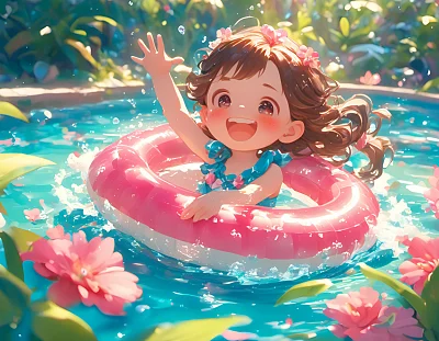 粉色游泳圈可爱女孩动漫插图