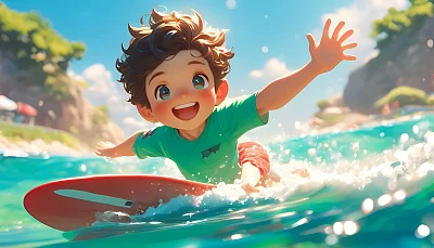 动漫风格小男孩冲浪插图