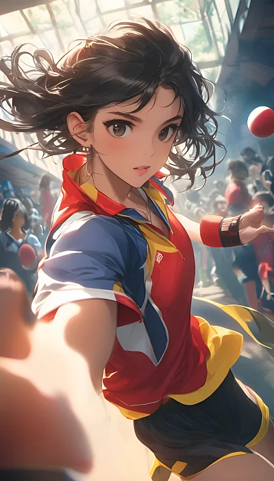 动感少女红色运动服乒乓球馆