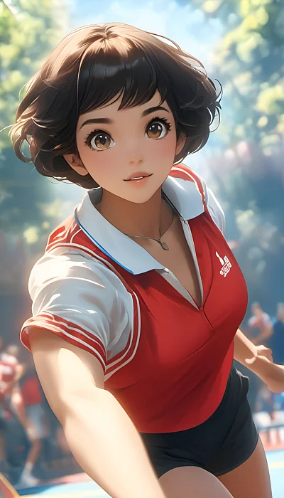 动感女孩红色黄色运动服乒乓球馆欢呼
