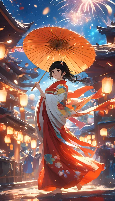 日本女孩穿和服舞动烟花下