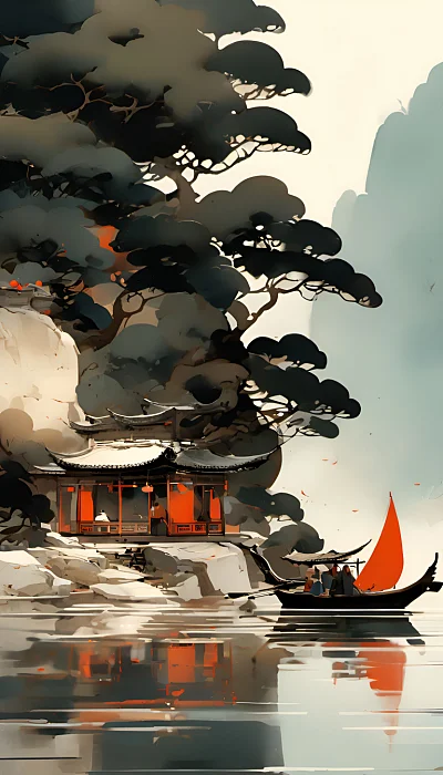 吴冠中风格抽象古镇水墨画