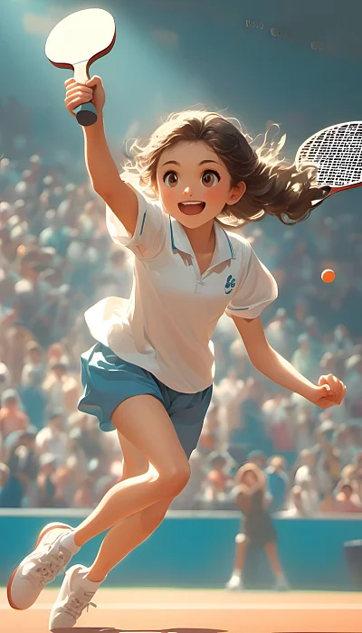 年轻女孩持乒乓球拍动漫宫崎骏风格全身照