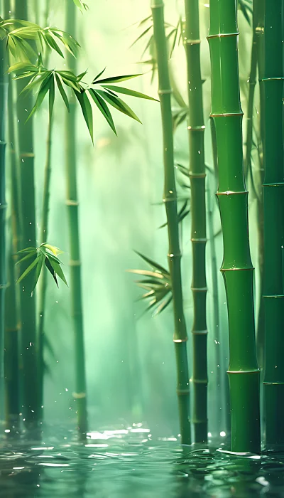 3D渲染竹林特写玻璃质感绿水叶子
