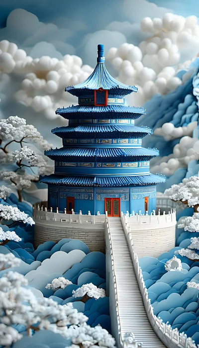 3D纸艺术天坛与长城蓝白奇幻风格
