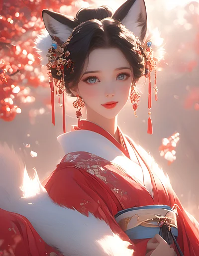 粉色红色汉服美女动漫插画