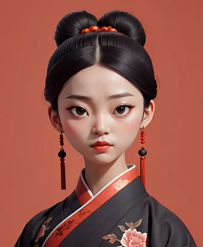 中国风黑发丸子头女孩 