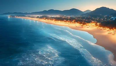 夜光蓝色海滩广角鸟瞰图
