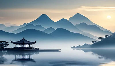 禅宗蓝色抽象山景