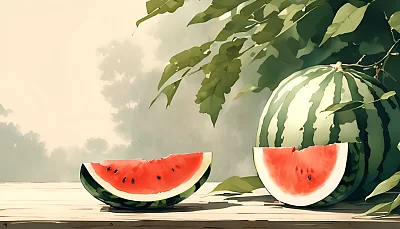 齐白石风格中国极简水墨西瓜画