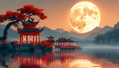 中国风简约山水画红色背景金色月亮