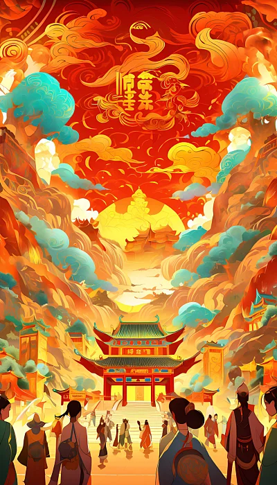 西安春节装饰壁画风格红色背景