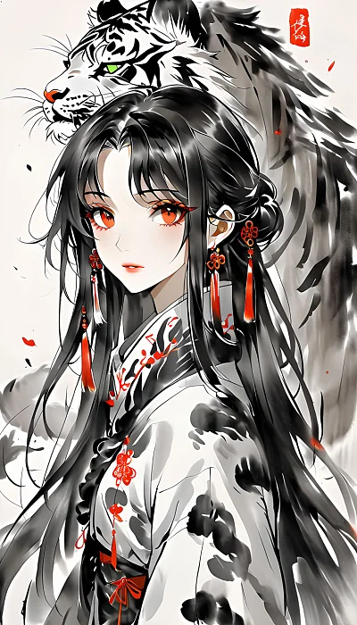 黑白水墨老虎画