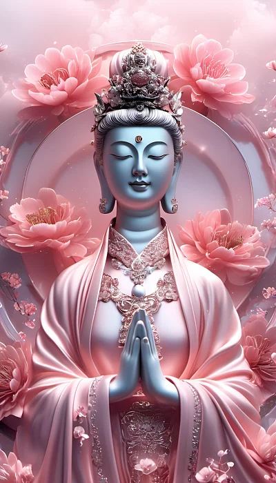 未来科技风格金属观音与粉色兔子3D艺术摄影