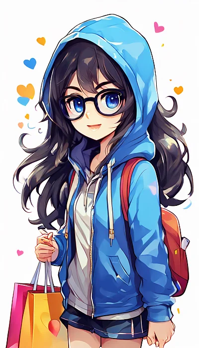 动漫风格可爱女孩墨镜连帽衫街头漫步