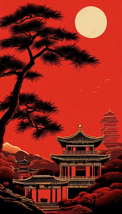 金色中国建筑山水画版画