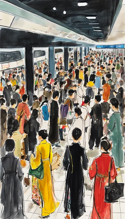 吴冠中油画风格汉服人群地铁站艺术