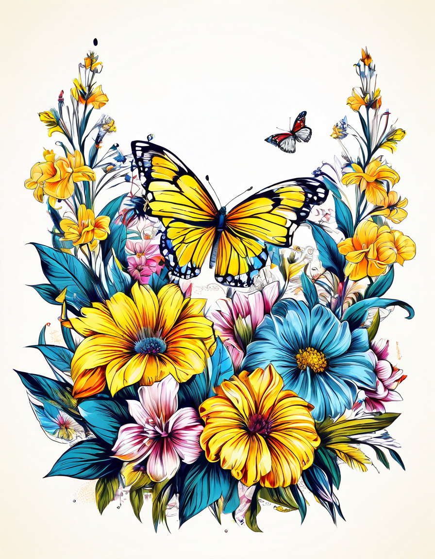 植物园蝴蝶线条画插图