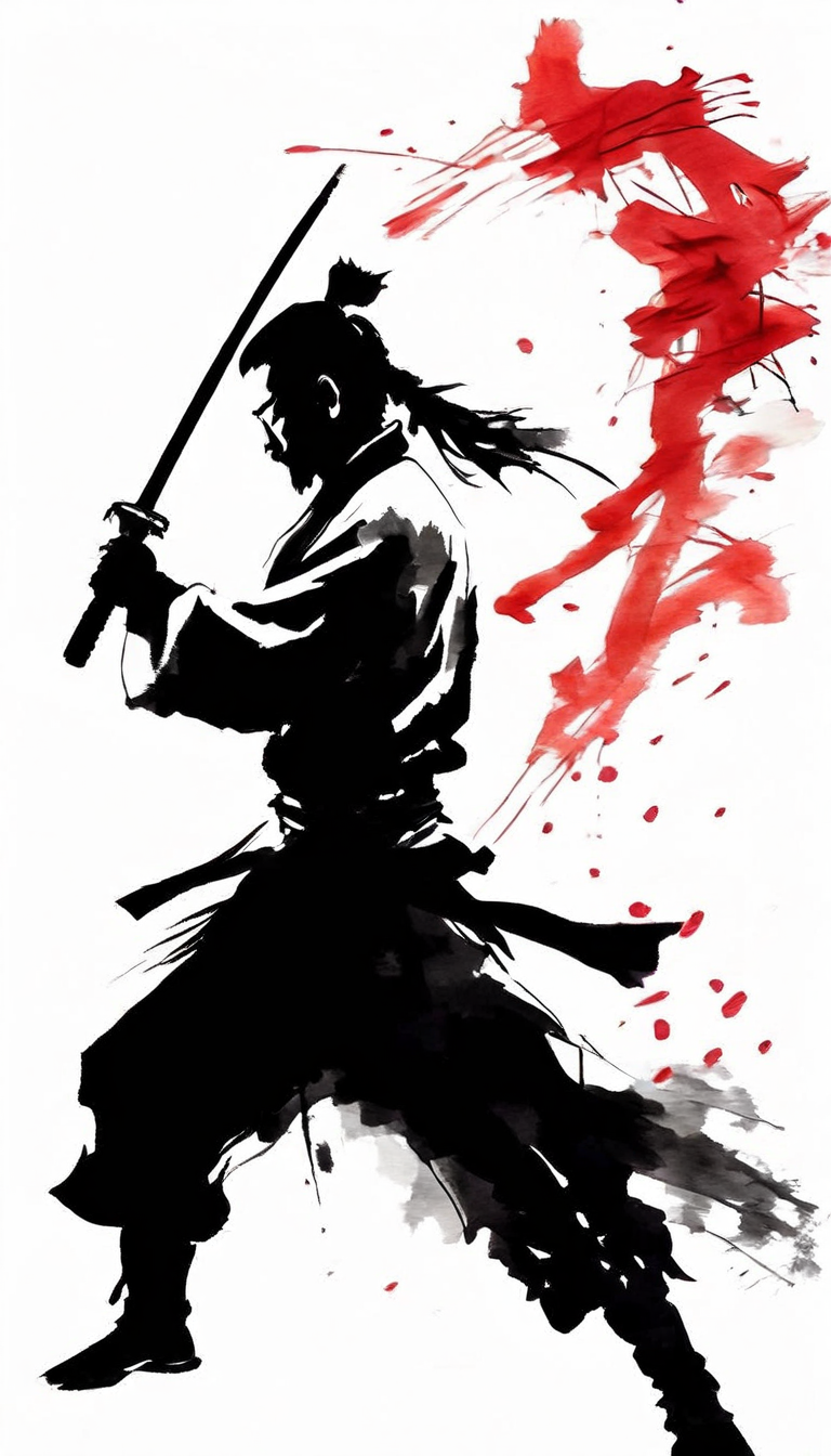 齐白石风格中国极简水墨武侠全身画