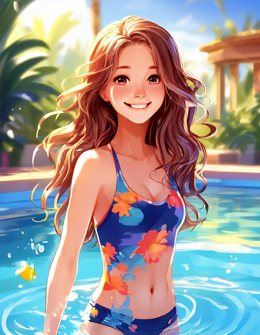 夏日泳池女孩卡通设计