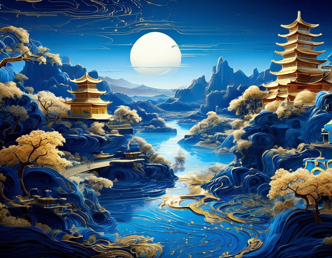 蓝金山水中国风3D插图