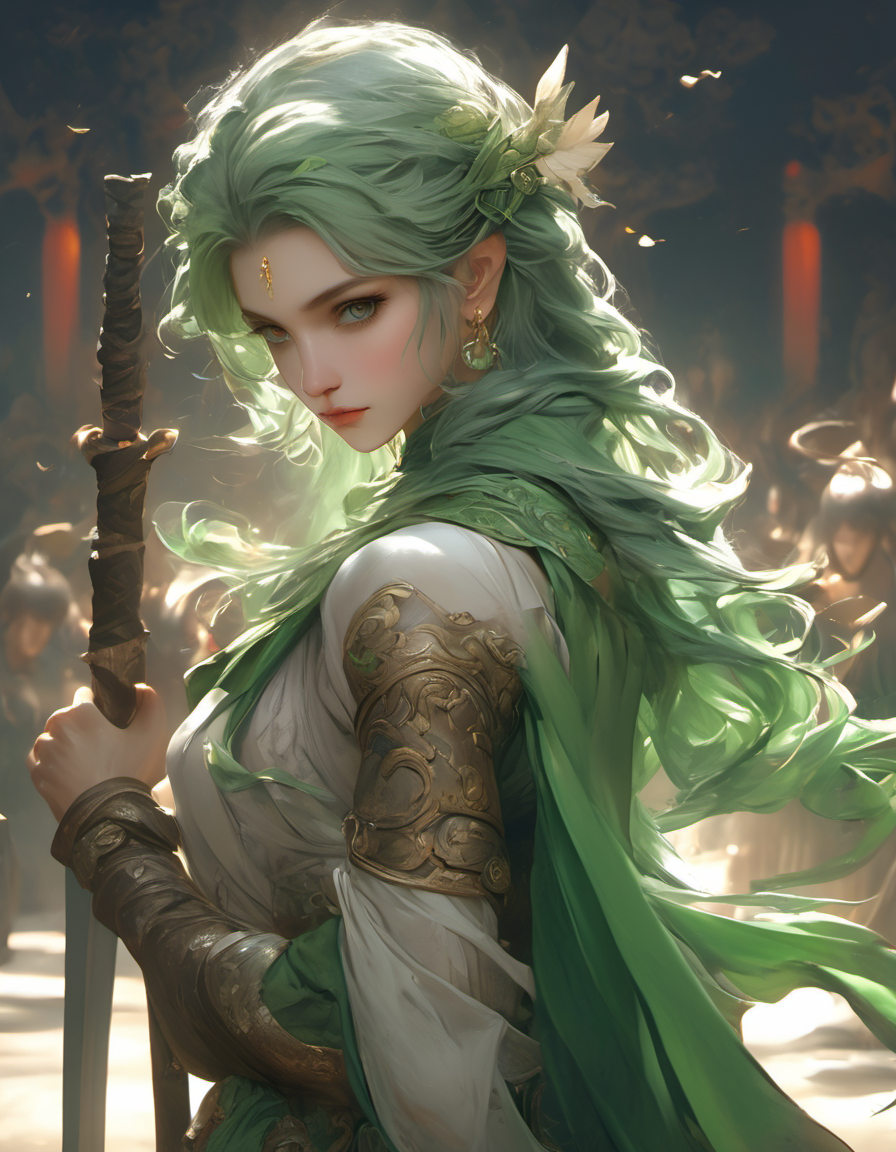 绿发女战士精灵耳全身形象
