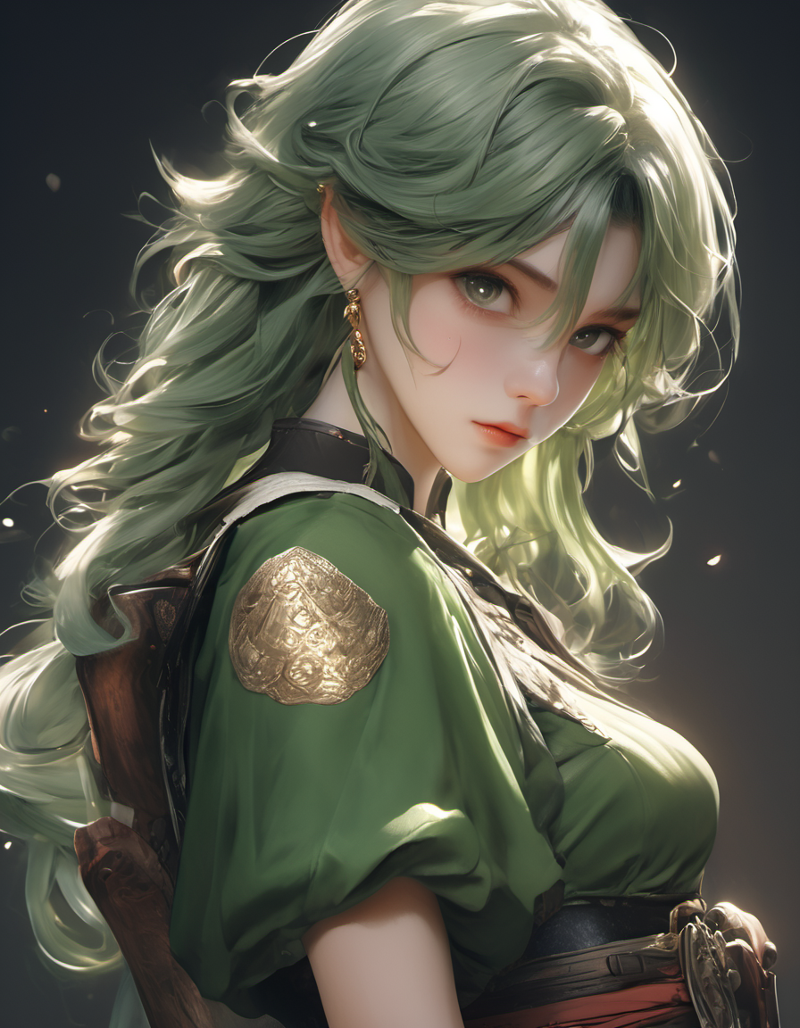东方女战士绿发精灵耳