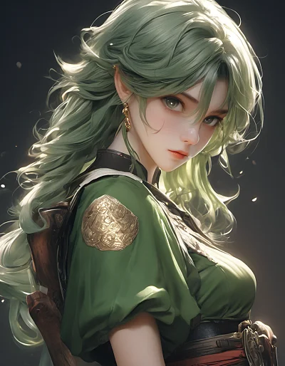 东方女战士绿发精灵耳