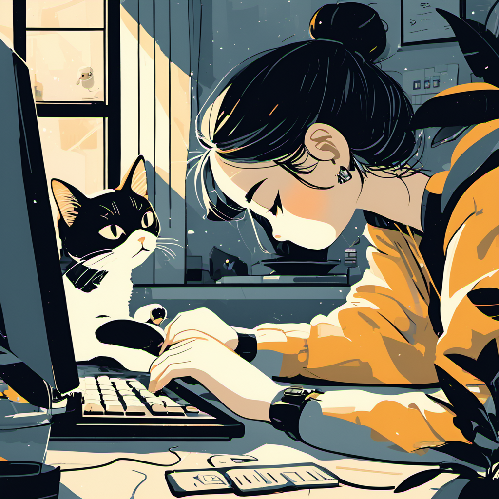 黑白基思哈林风格女孩与猫插画