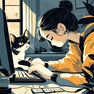 黑白基思哈林风格女孩与猫插画
