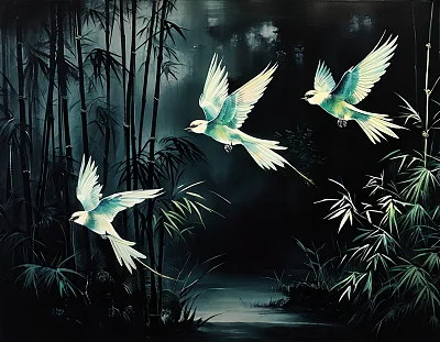荧光色燕子竹林工笔画
