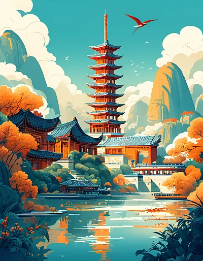 济南地标建筑手绘插画