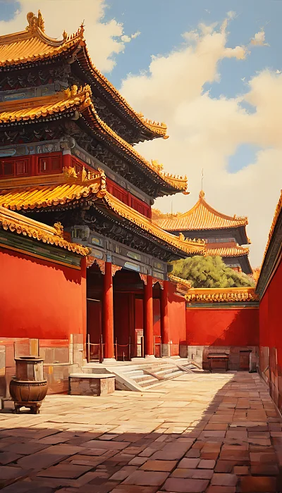 北京故宫红墙黄瓦油画