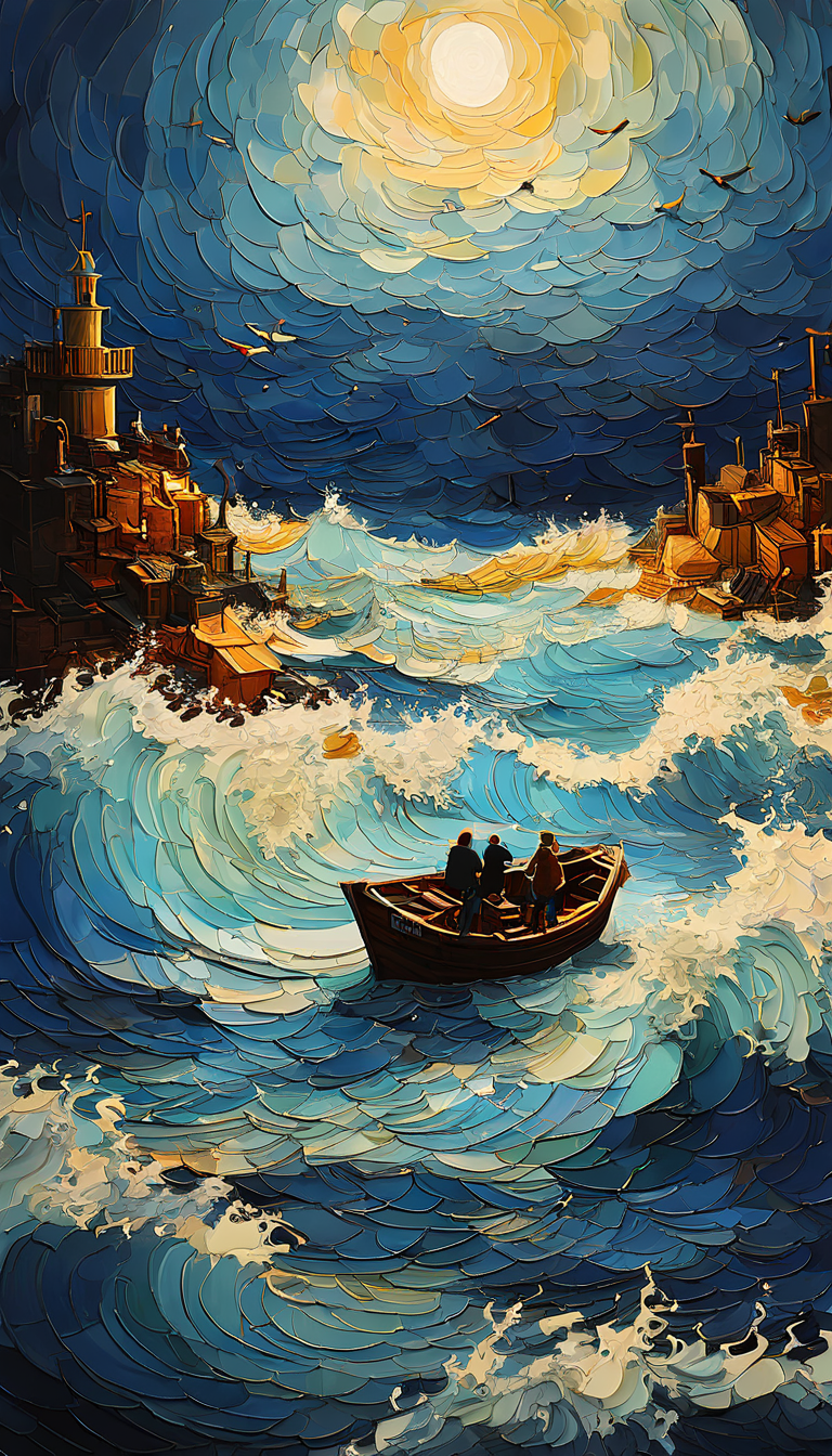 梵高风格海洋油画远景描绘
