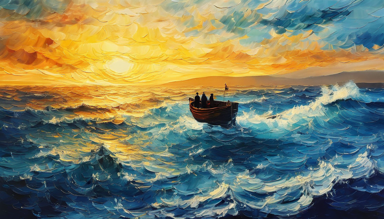 梵高风格海洋小船油画