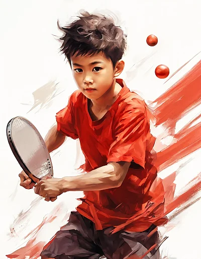 红色衣服小中国乒乓球卡通水彩画