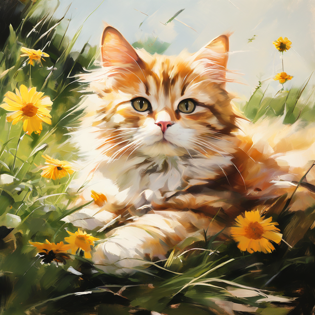 三花猫草丛中晒太阳安逸舒适