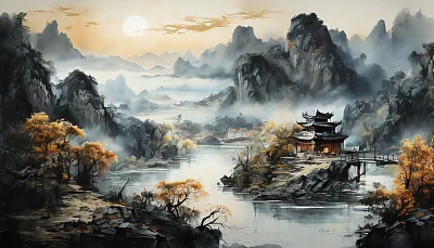 新中式水墨画万里江山图