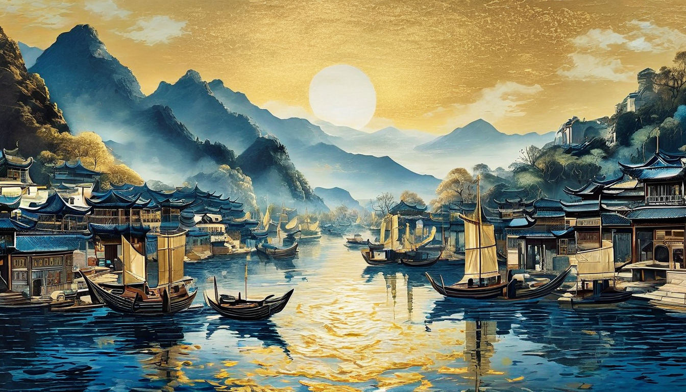 中国港口金色山水静谧全景