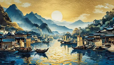 中国港口金色山水静谧全景