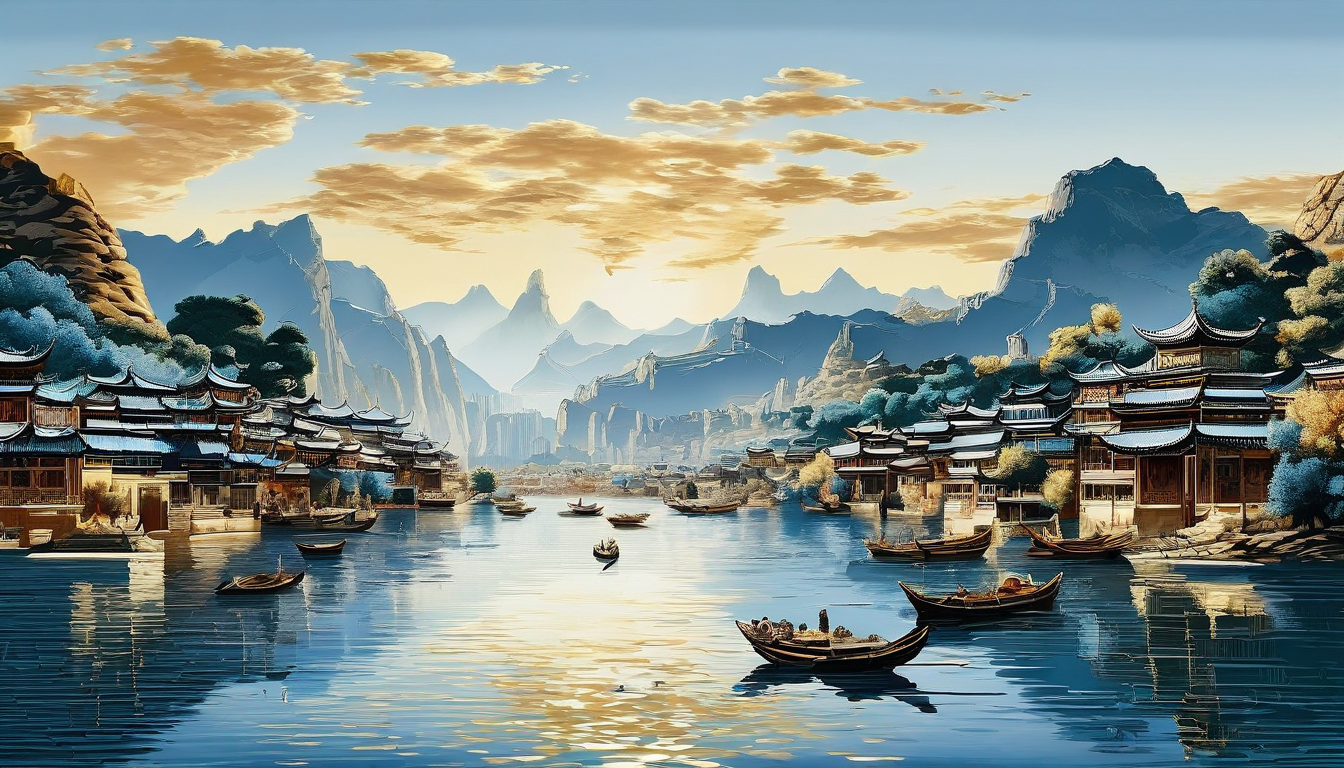金色港口山水画